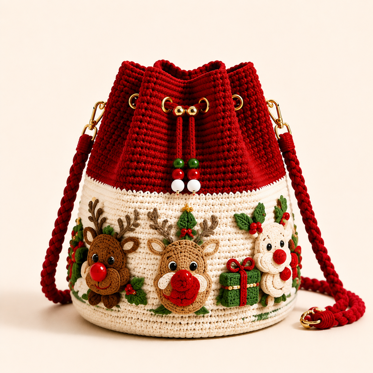 Red and cream Reindeer and Gift Box crochet bucket bag