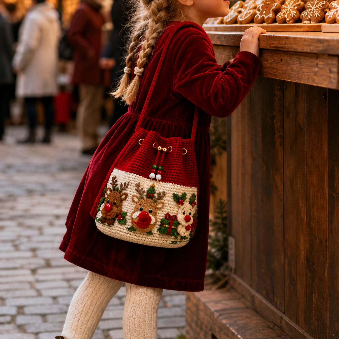Reindeer crochet shoulder bag styled with a red winter outfit at a holiday market