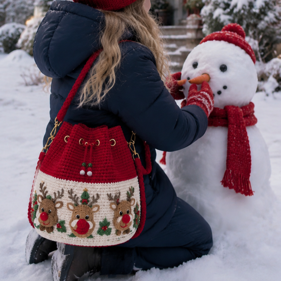 Reindeer crochet bag worn over a winter coat outdoors