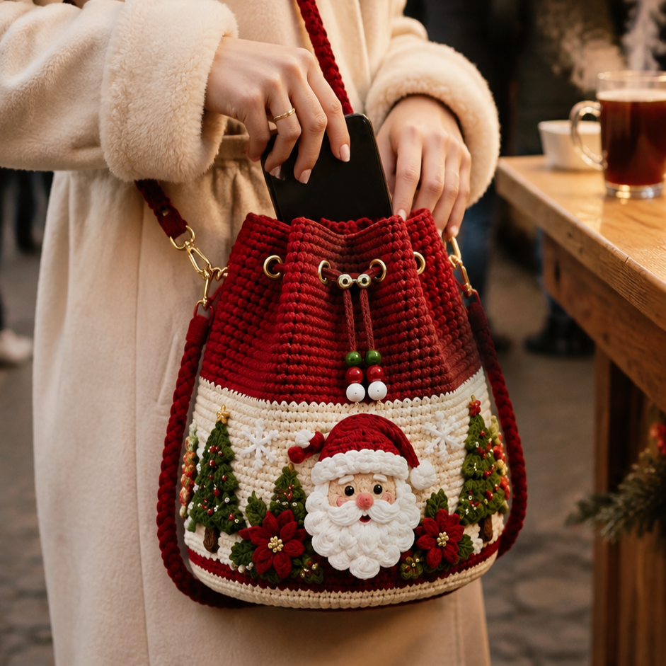 Santa Claus crochet bucket bag worn with a cream winter coat