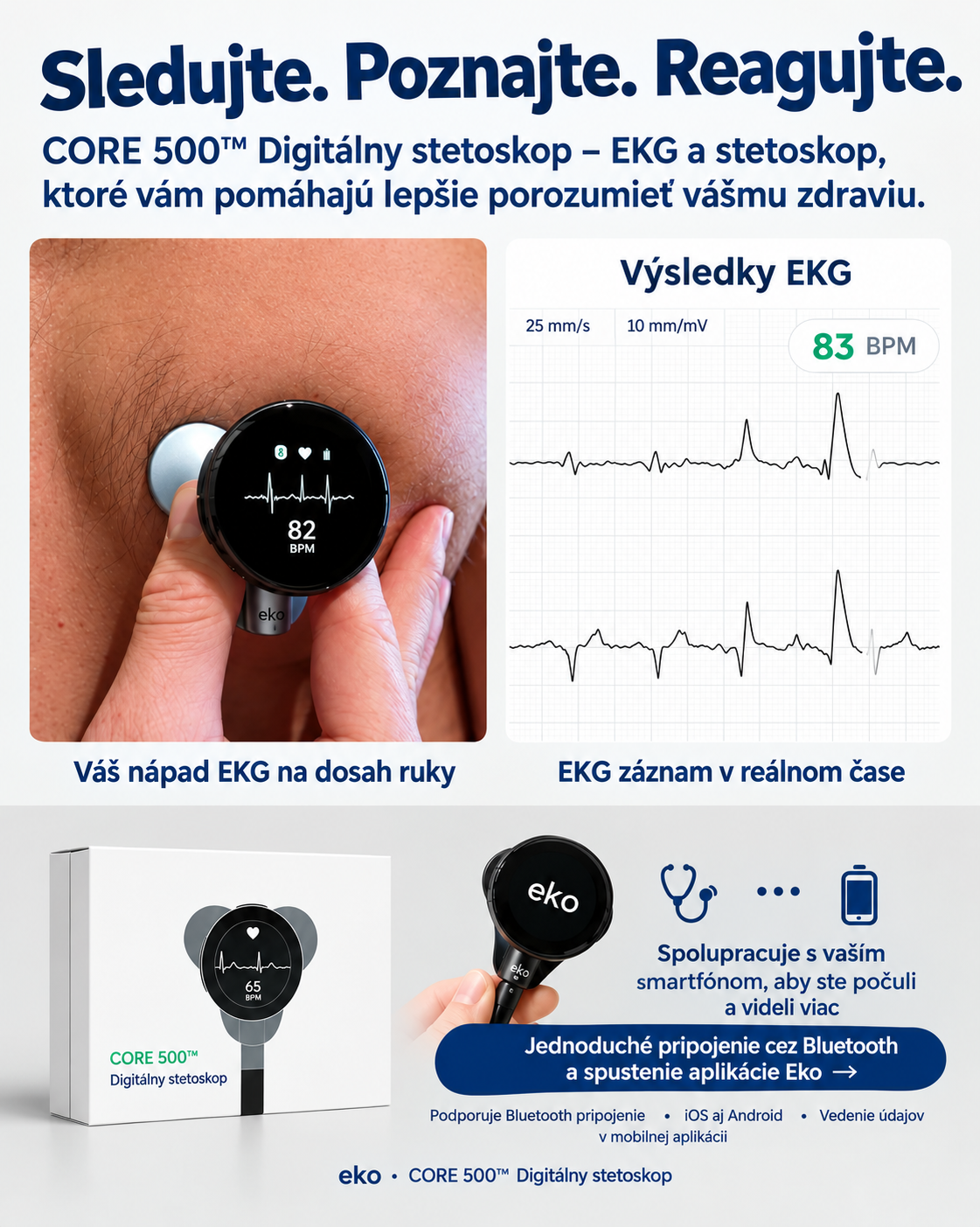 Digitálny EKG stetoskop CORE 500™ s analýzou pomocou umelej inteligencie a špičkovou kvalitou zvuku