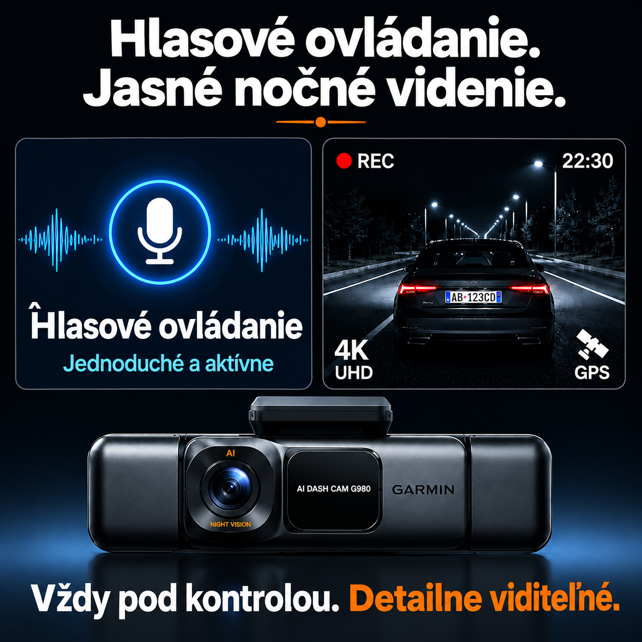 Garmin G980 palubná kamera s umelou inteligenciou a hlasovým ovládaním so štyrmi kamerami, 360° panoramatickým pohľadom, 4K Ultra HD nočným videním a GPS sledovaním