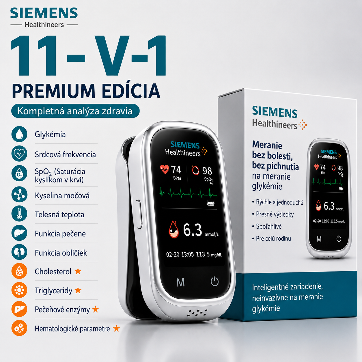 🩸 Siemens™ Neinvazívny glukomer 11 v 1 • Bez pichania • Bez testovacích prúžkov • Výsledky už za 5 sekúnd