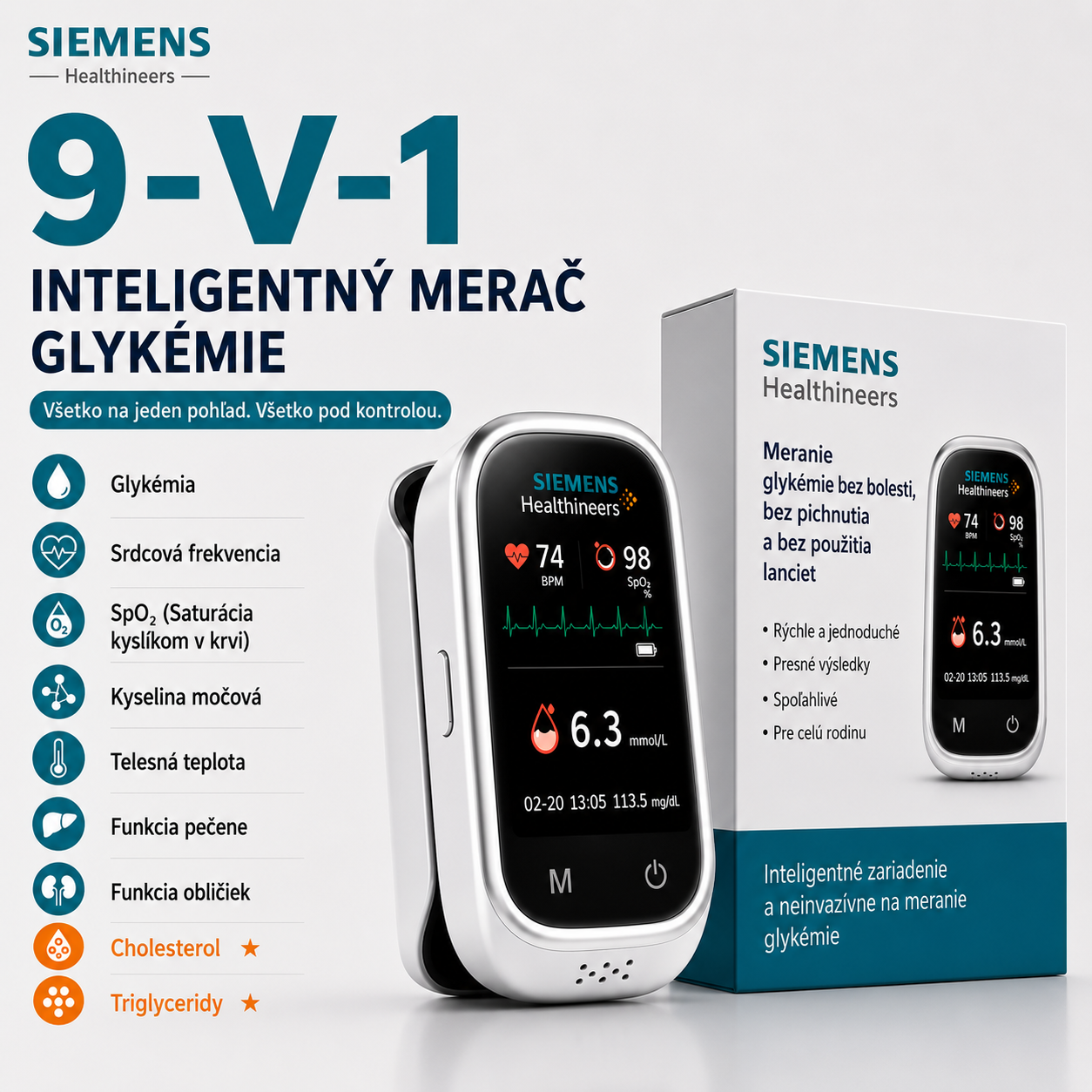 🩸 Siemens™ Neinvazívny glukomer 11 v 1 • Bez pichania • Bez testovacích prúžkov • Výsledky už za 5 sekúnd