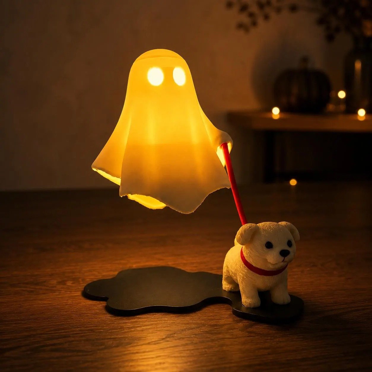 Ghost Walking Dog Lamp glowing in a cozy Halloween room