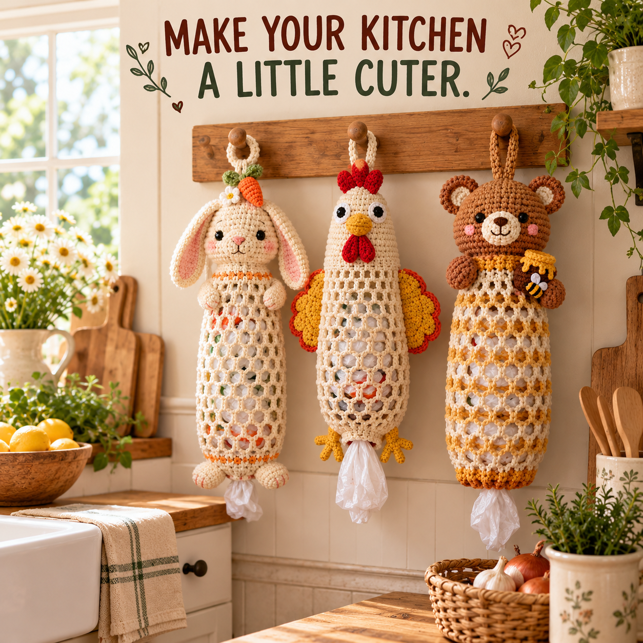 Crochet bunny, chicken and bear bag holders displayed on pegs in a bright farmhouse kitchen
