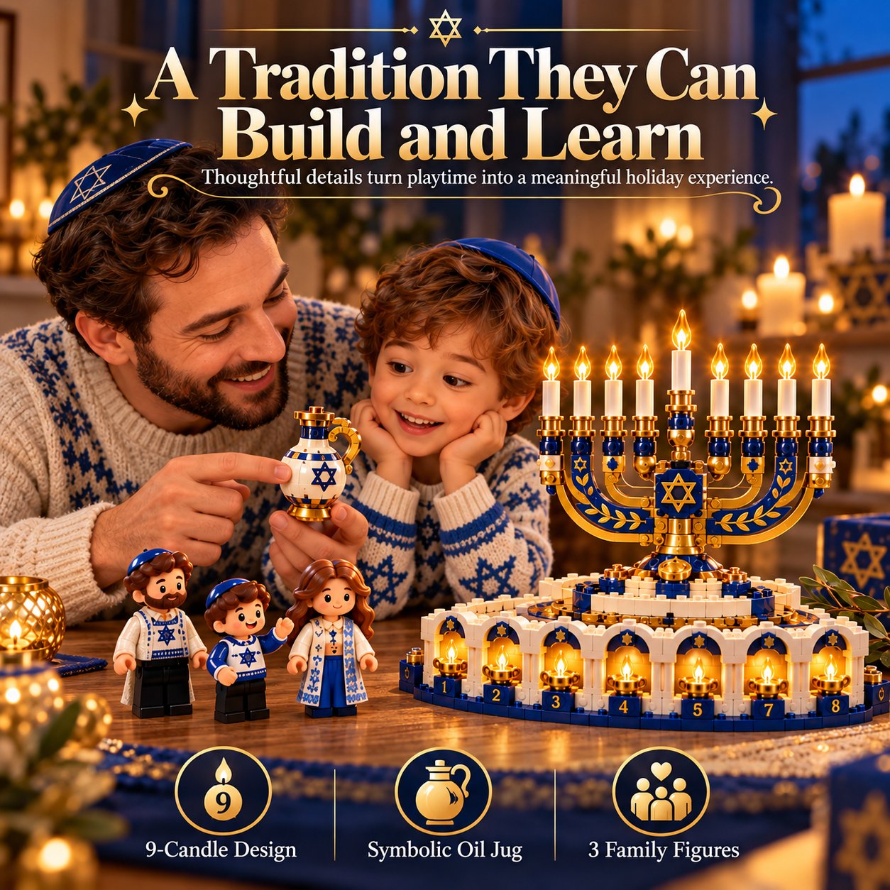 Hanukkah building centerpiece with nine-candle menorah oil jug and figures