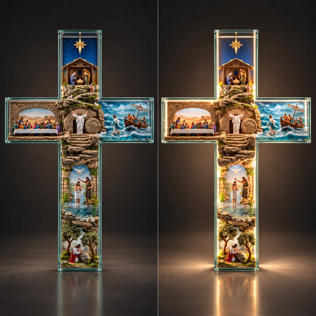 Illuminated cross shown with its light off and on