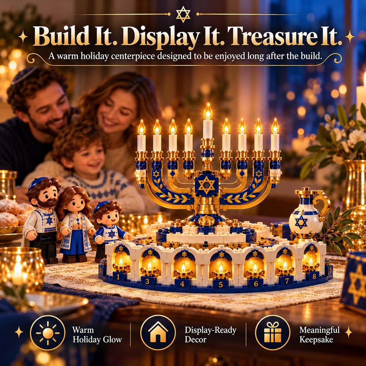 Illuminated Hanukkah menorah-inspired centerpiece