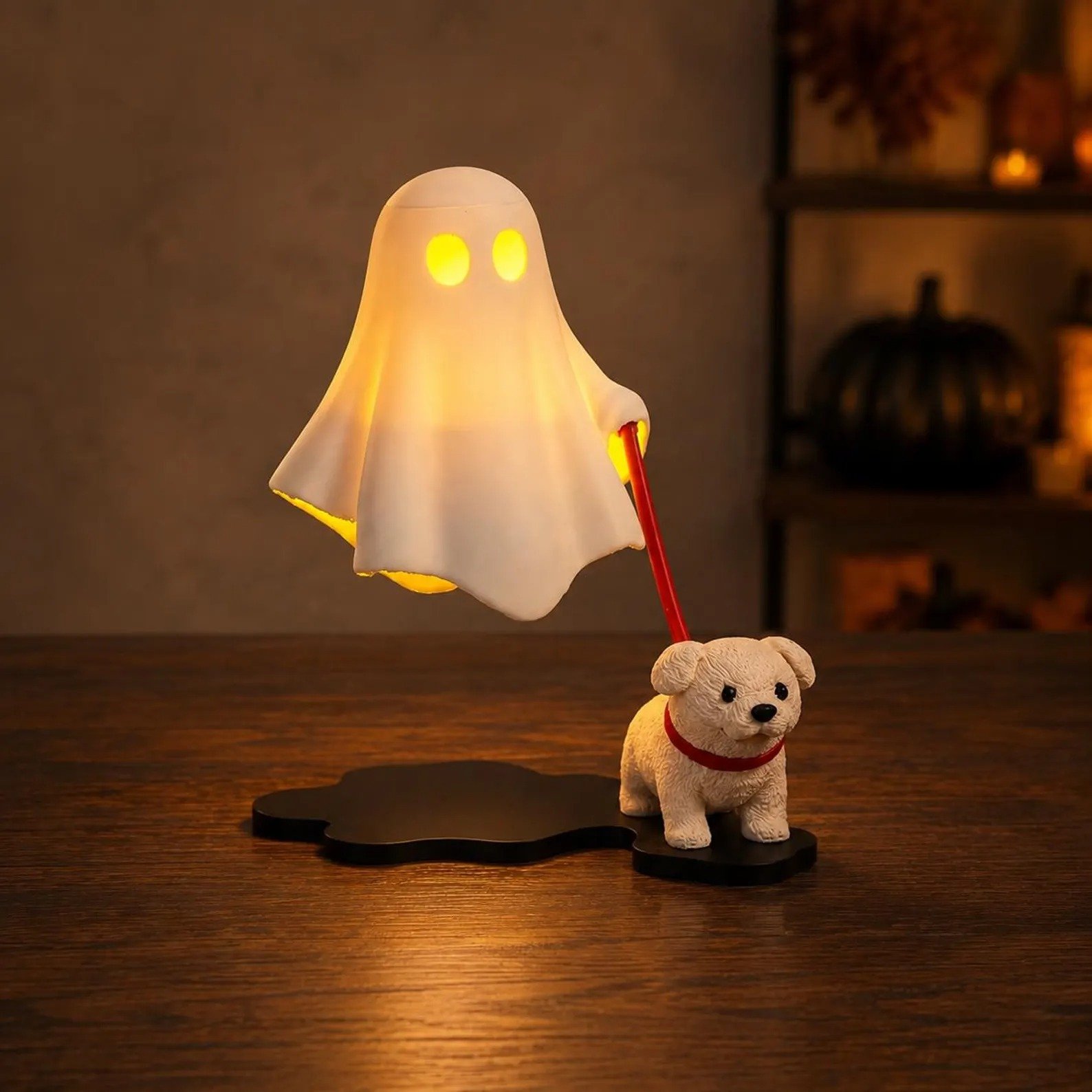 Ghost Walking Dog Lamp glowing on a wooden table