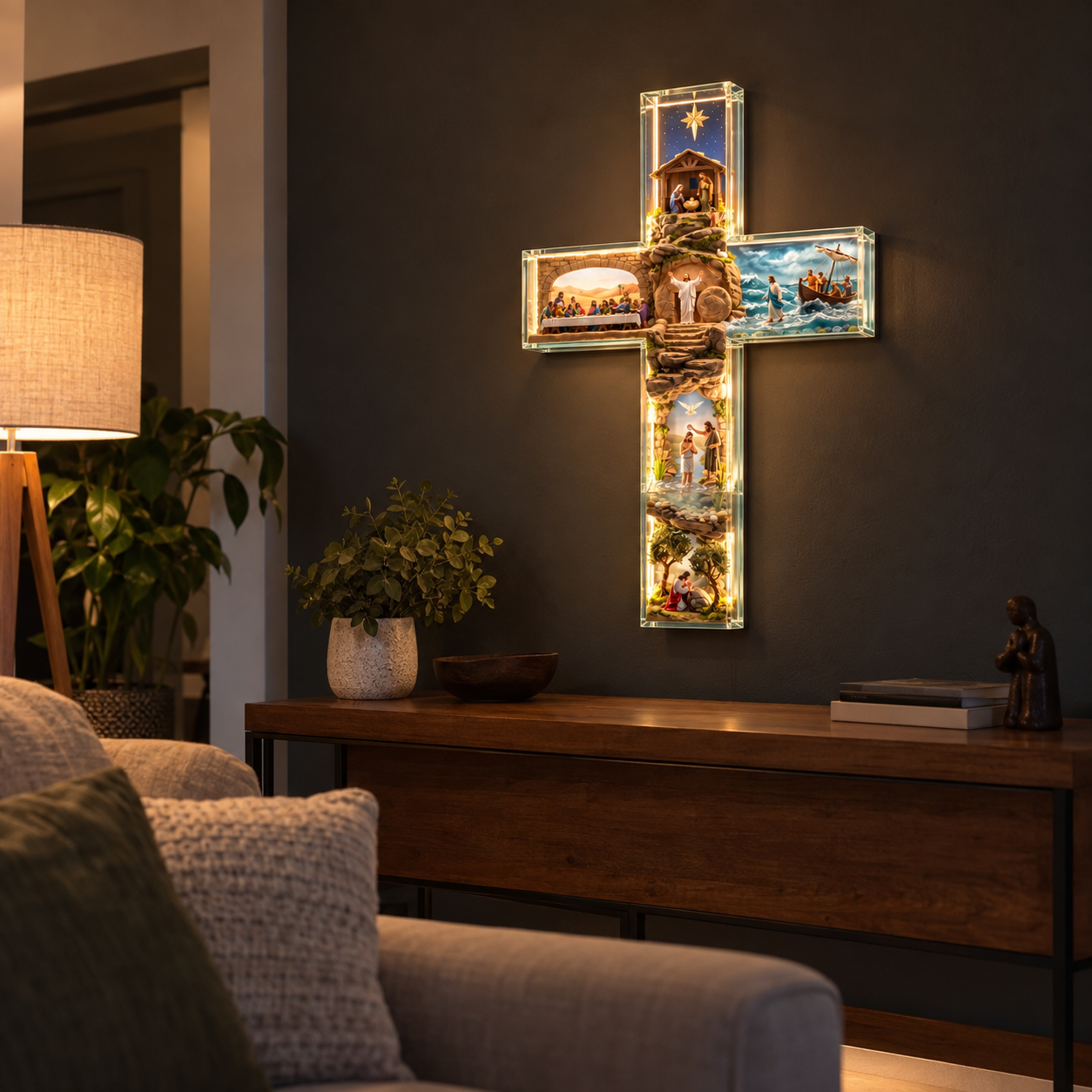 Illuminated Jesus story cross displayed on a warm living room wall