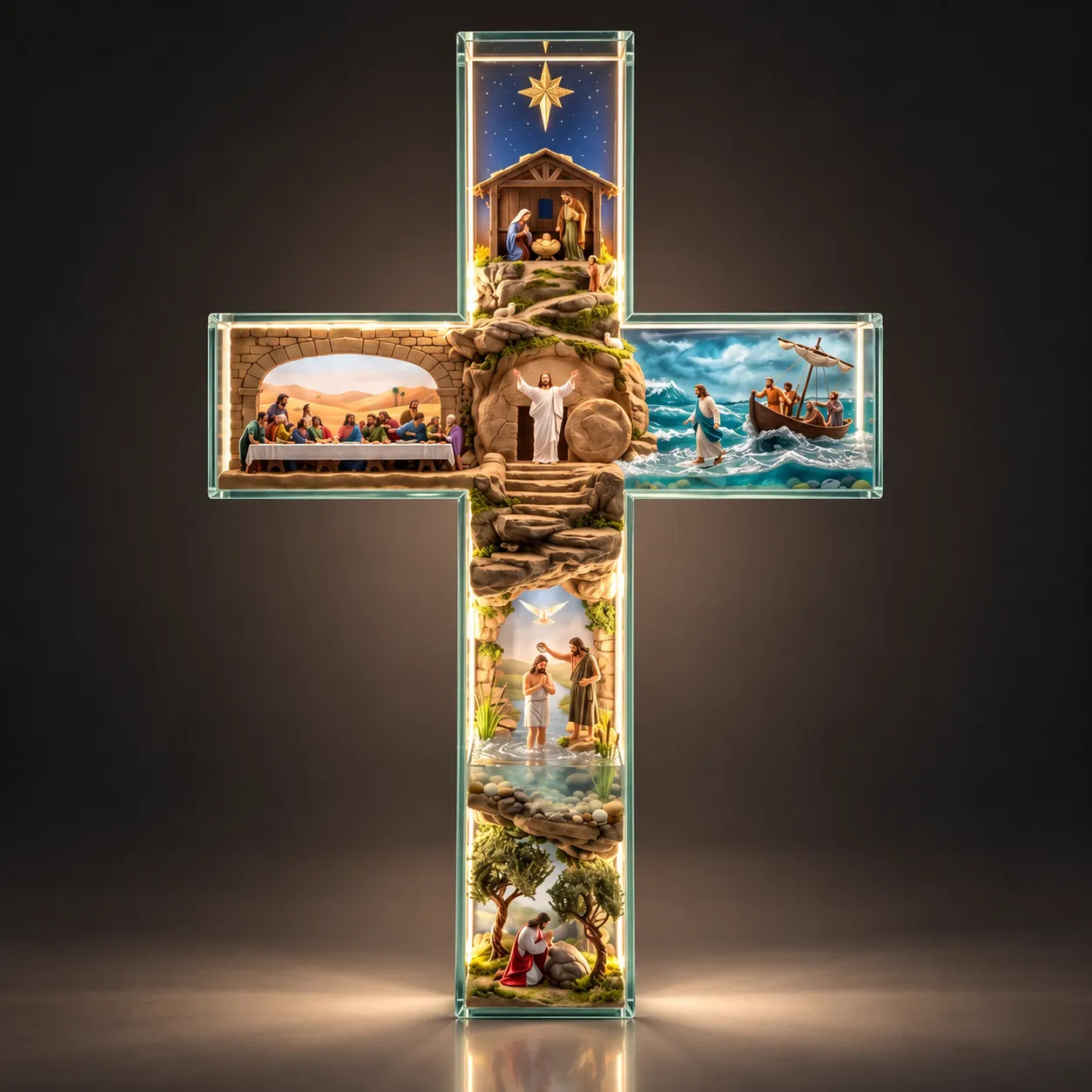 Illuminated cross displaying six scenes from the life of Jesus