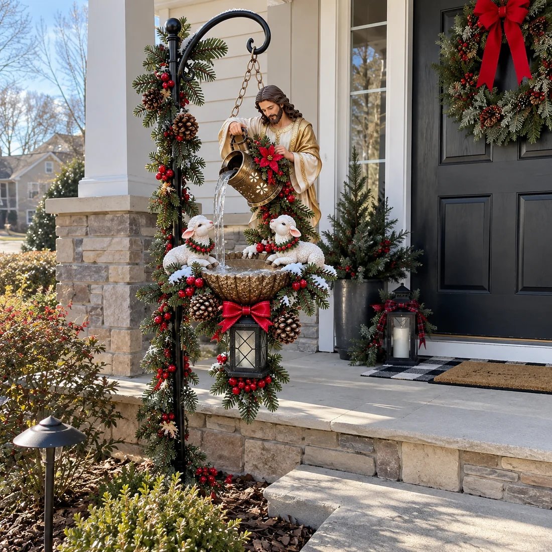 Customer adjusting illuminated Jesus hanging decoration
