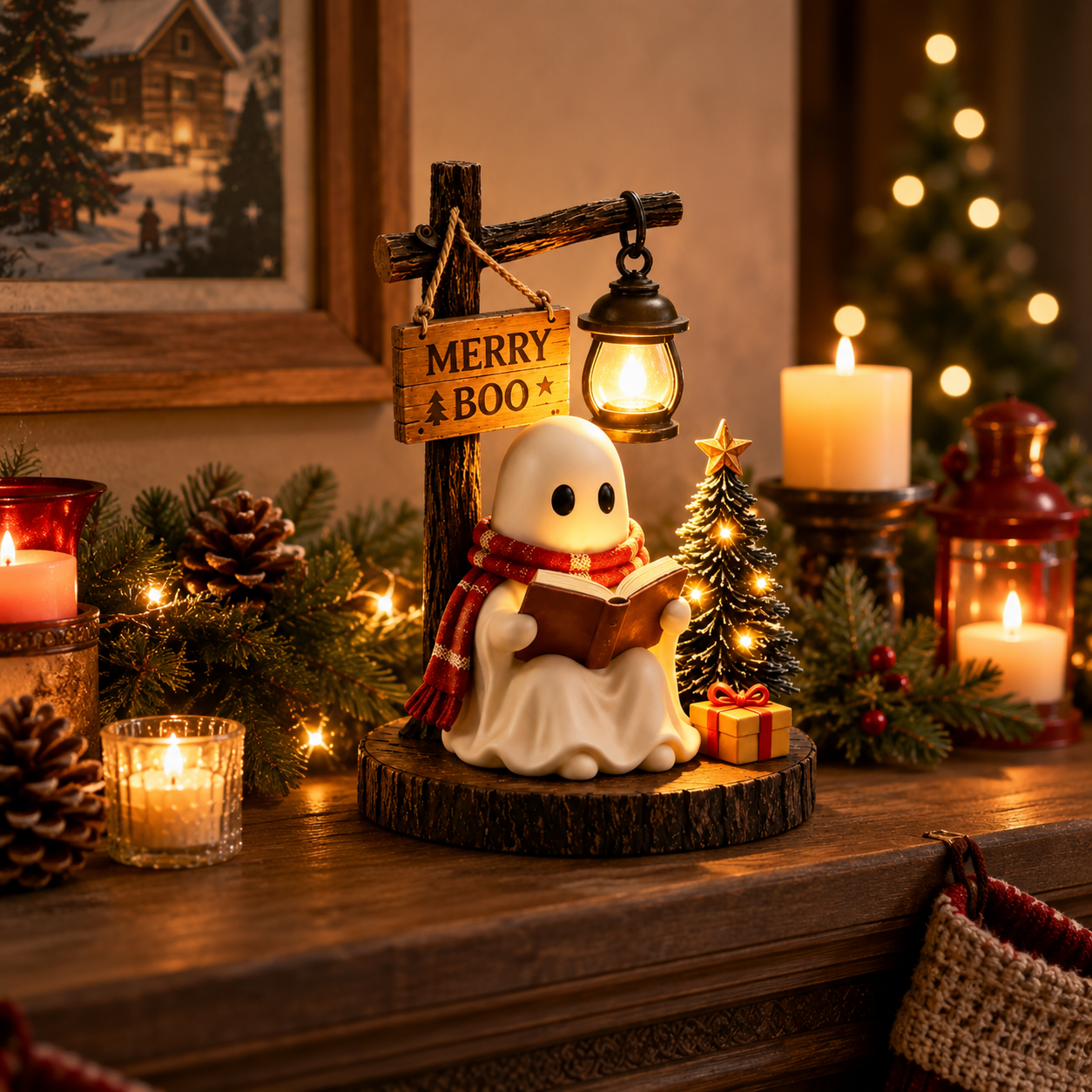 👻🎄 Merry Boo Christmas Ghost Reading Figurine With Lantern ✨📖