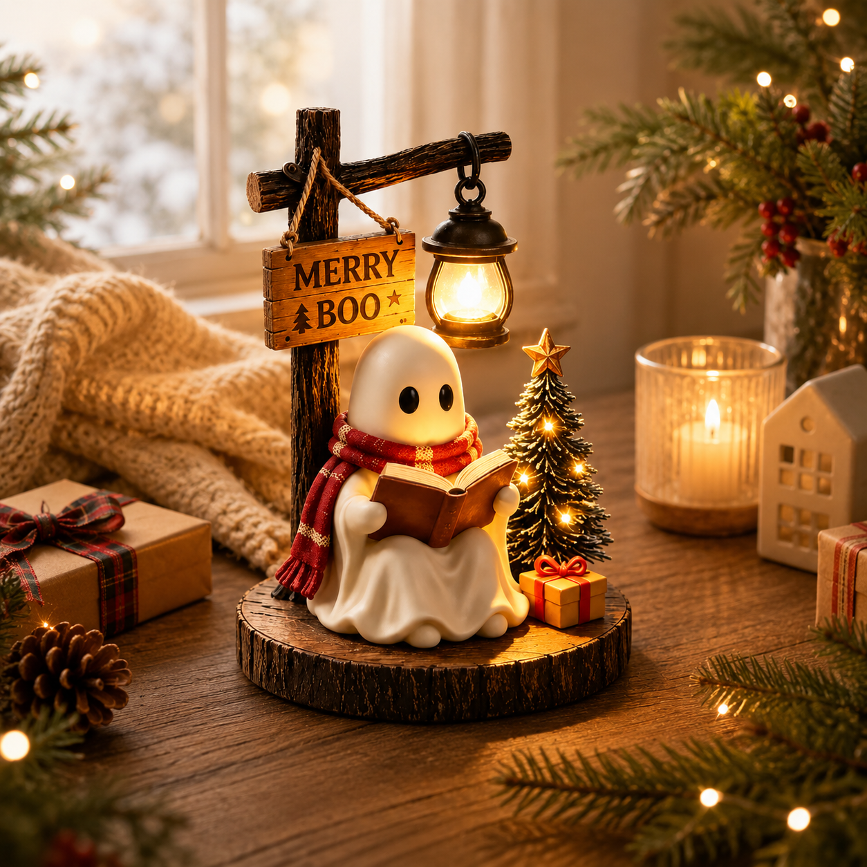 👻🎄 Merry Boo Christmas Ghost Reading Figurine With Lantern ✨📖