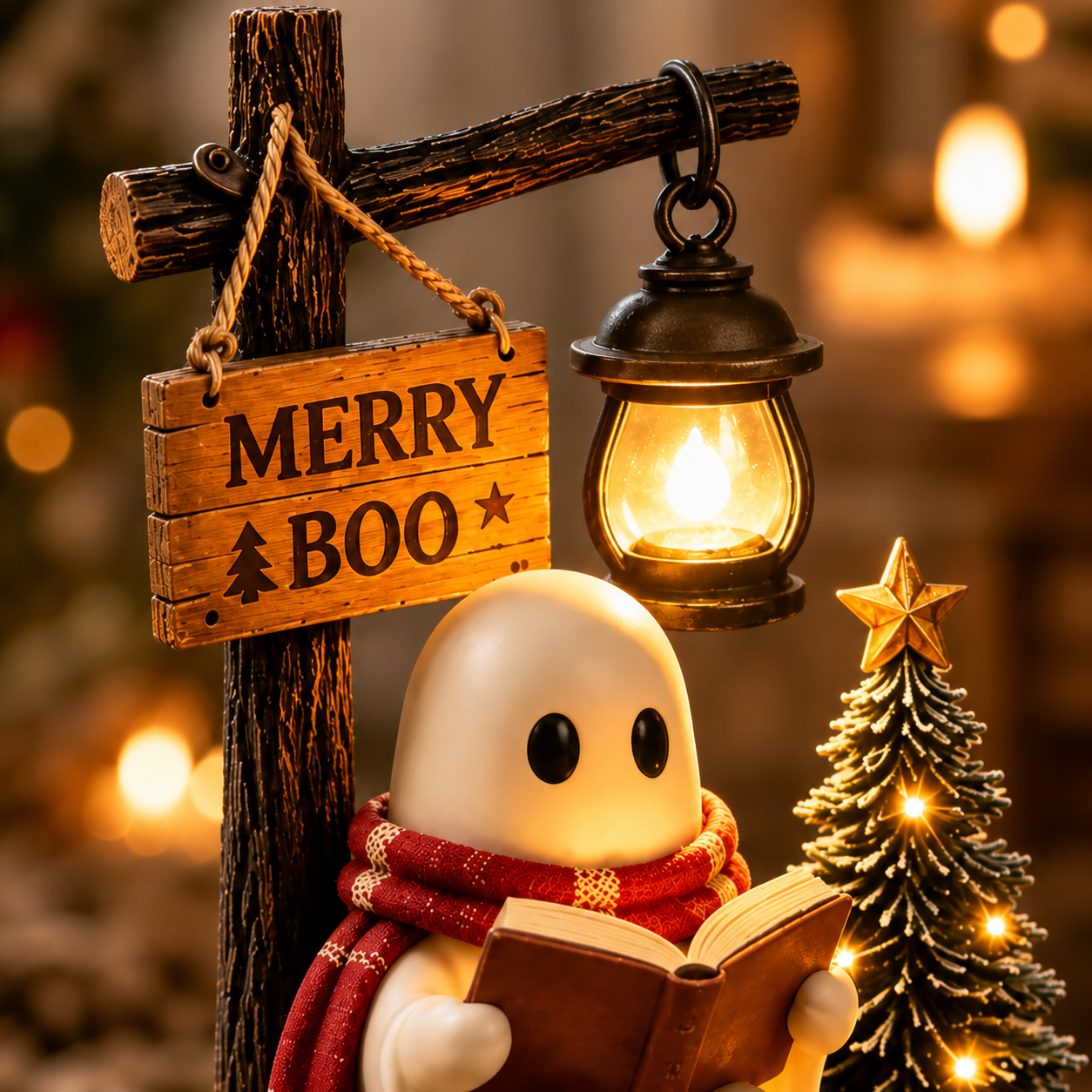 👻🎄 Merry Boo Christmas Ghost Reading Figurine With Lantern ✨📖