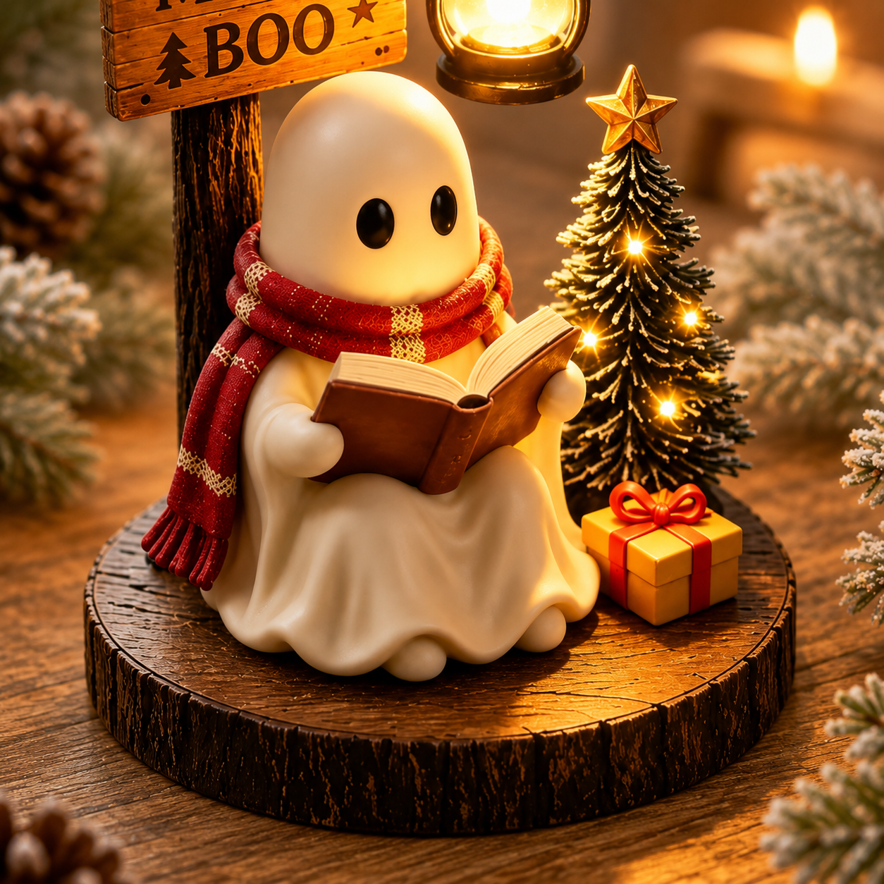 👻🎄 Merry Boo Christmas Ghost Reading Figurine With Lantern ✨📖