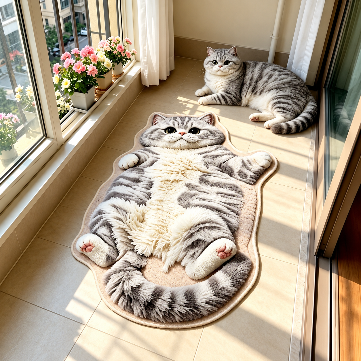 Long lying tabby cat shaped rug design