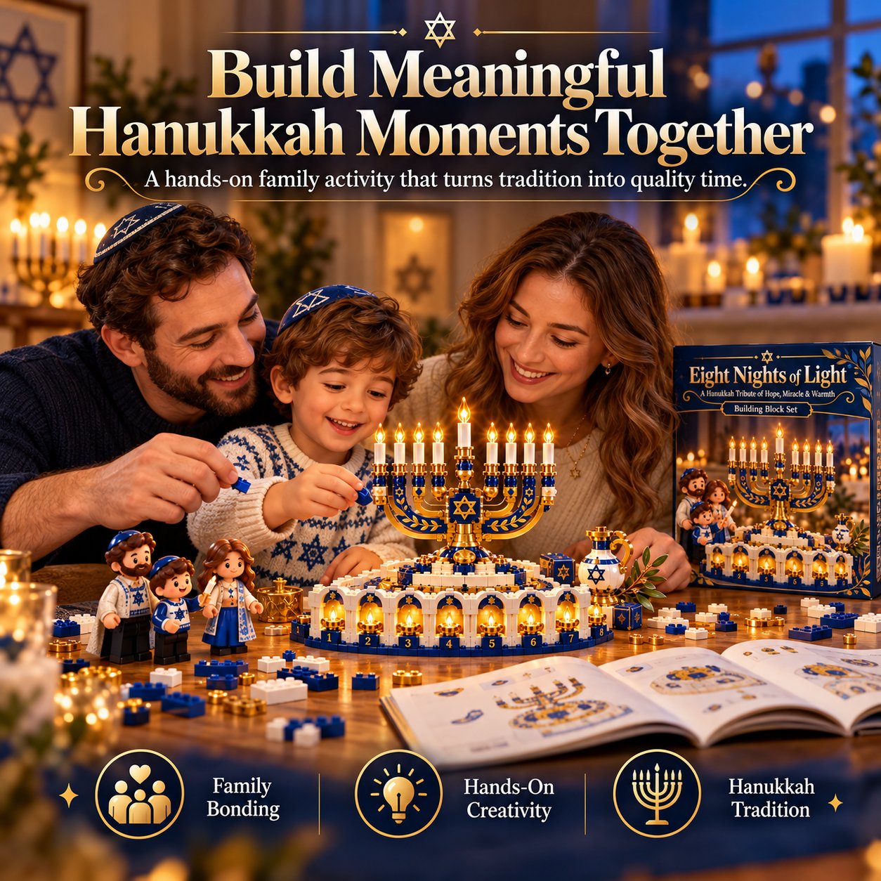 Family building Hanukkah menorah-inspired centerpiece together
