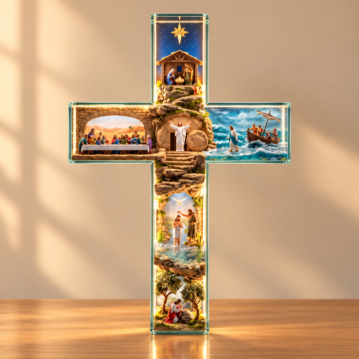 Illuminated cross standing against a softly lit neutral background