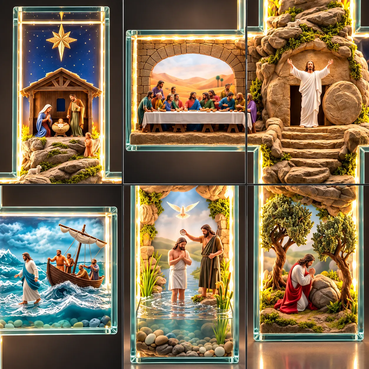 Close view of the six illuminated biblical scenes