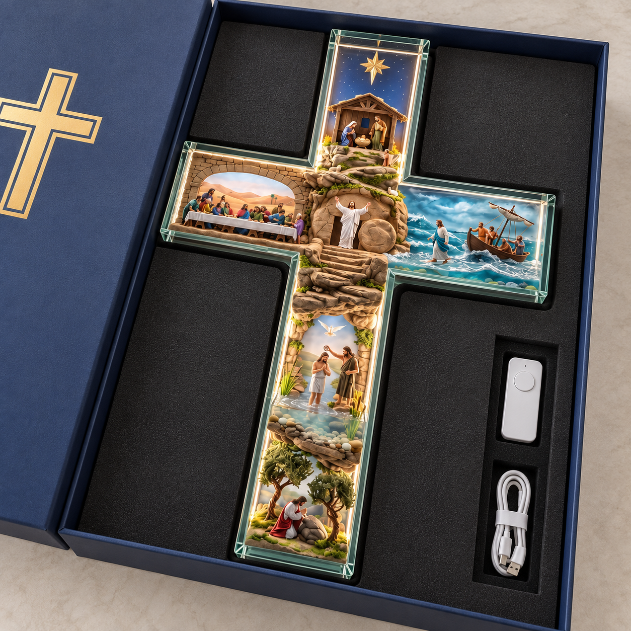 Illuminated cross presented in a fitted gift box with remote control