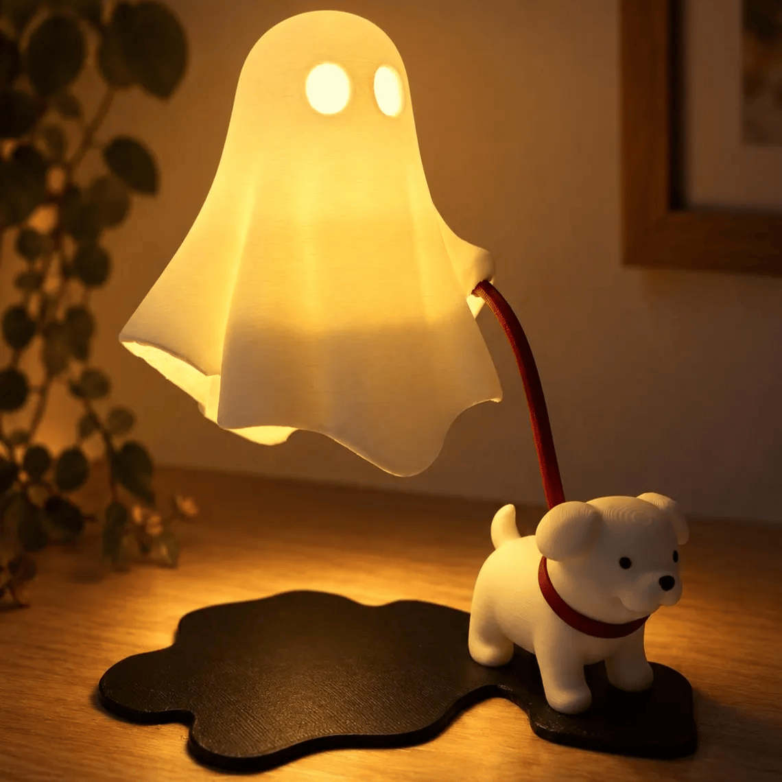 Warm glowing Ghost Walking Dog Lamp close-up at night