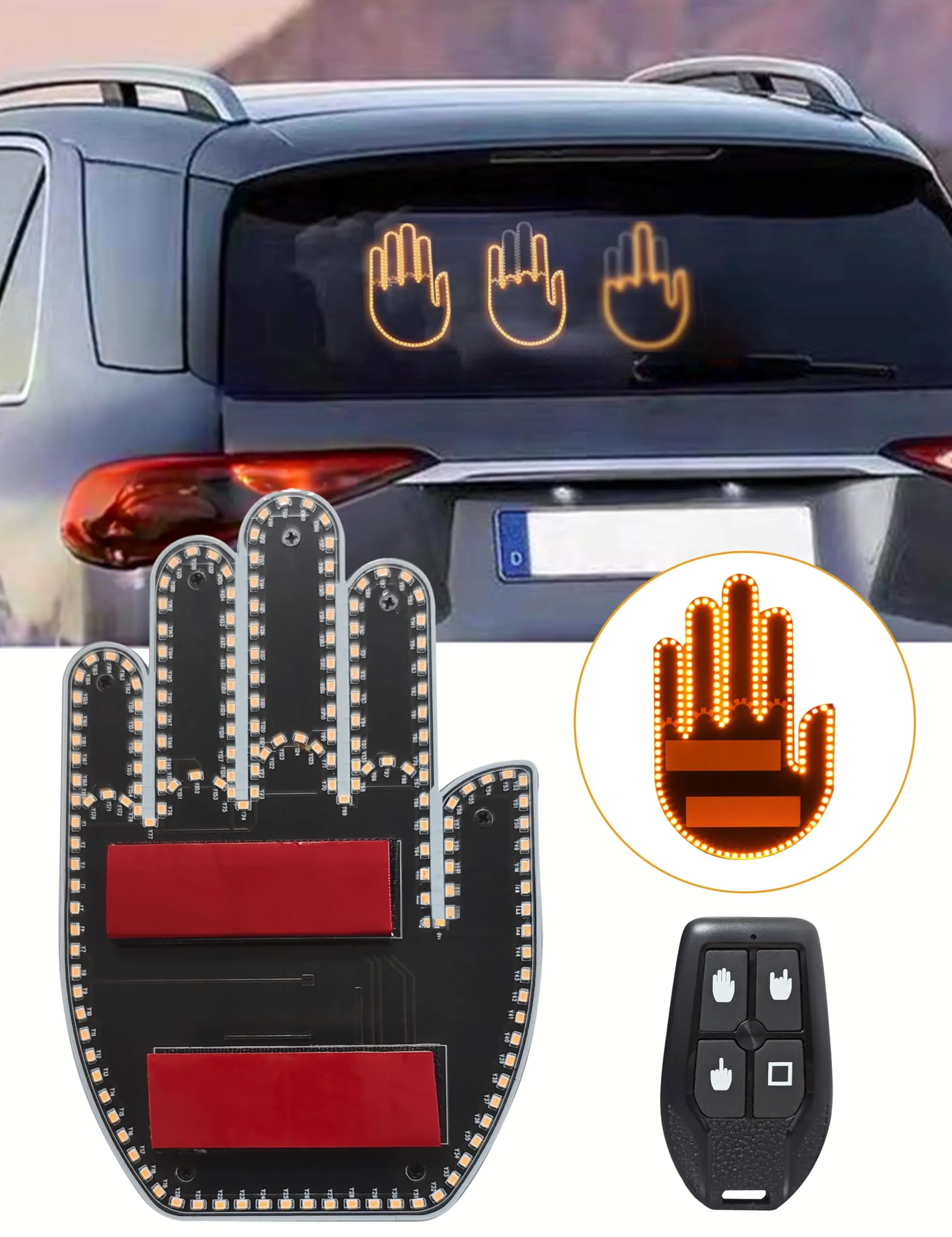 🤟🔥Car Finger Light with Remote, Hand Gesture Amber LED Light - 14 Modes for Road Rage Warning Signs Ideal Car Accessory