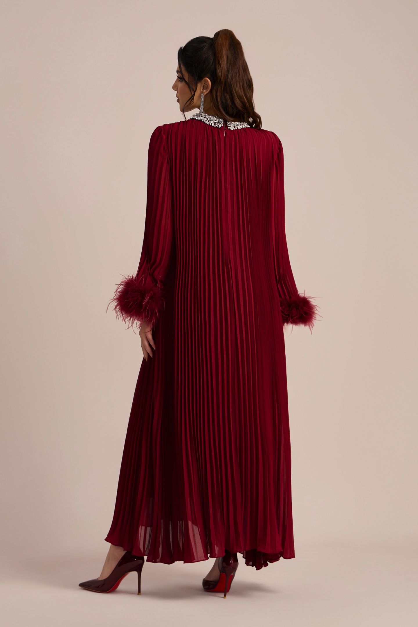 Yvonne Diamante Feathered Pleated Maxi Chiffon Dress