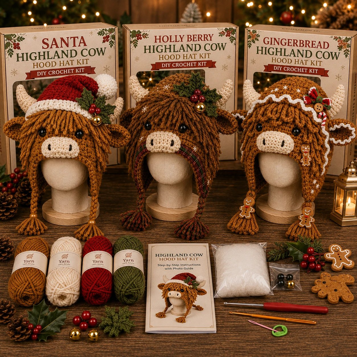 Christmas Highland Cow Hood Hat DIY Crochet KitTM