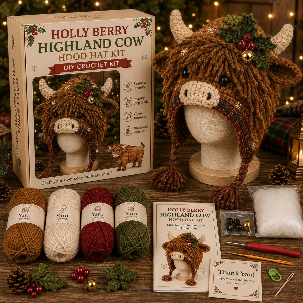 Christmas Highland Cow Hood Hat DIY Crochet KitTM