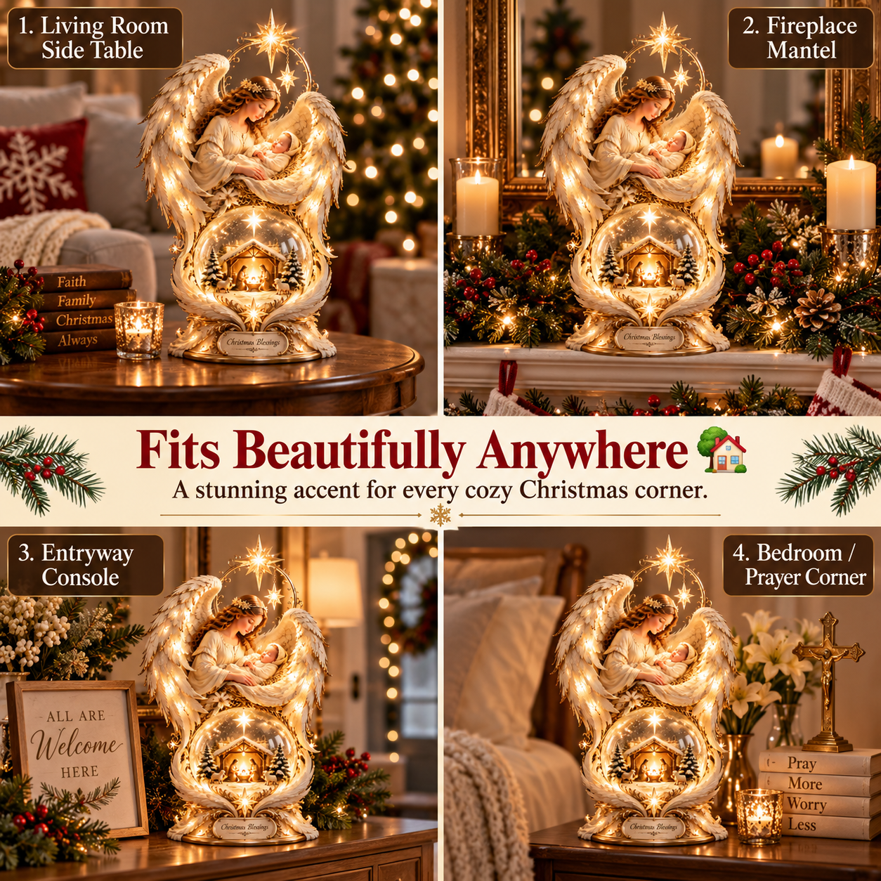 Nativity tabletop décor styled in a warm family Christmas setting