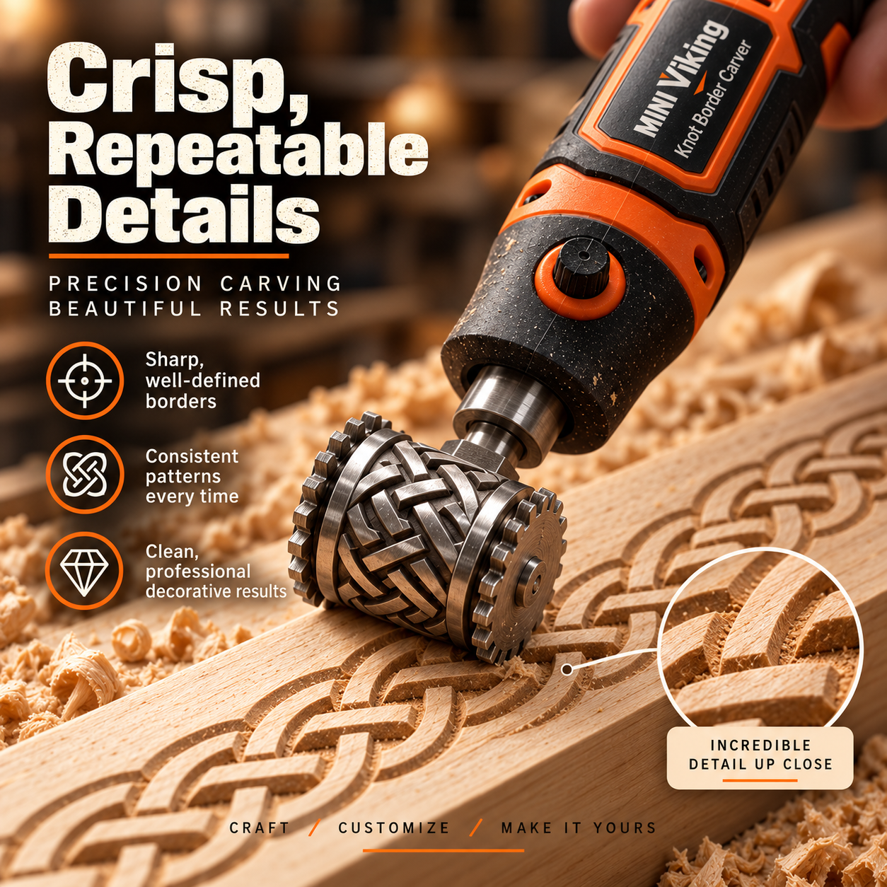 Close-up of metal patterned carving roller and repeating Viking knot carved into wood