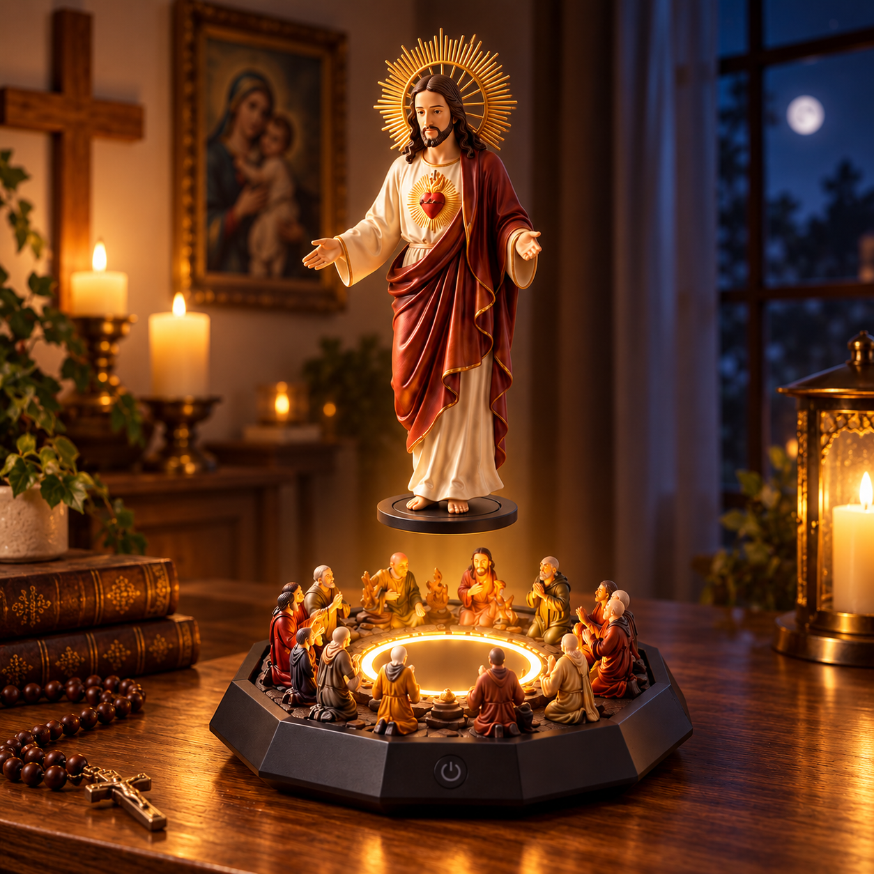 Floating Faith magnetic levitation illuminated Christ display
