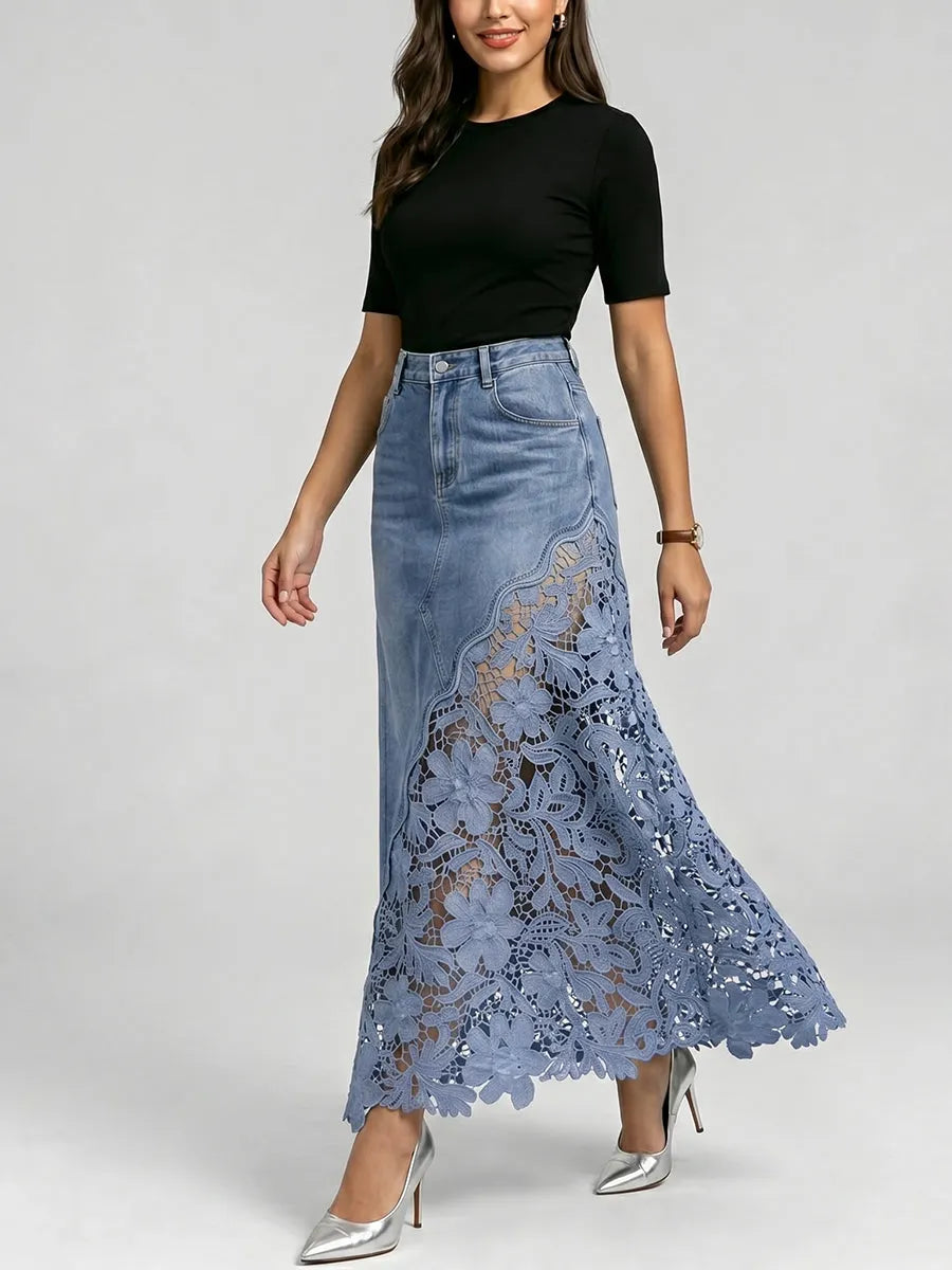 Stylish & Sexy Lace-paneled Cutout Denim Skirtv