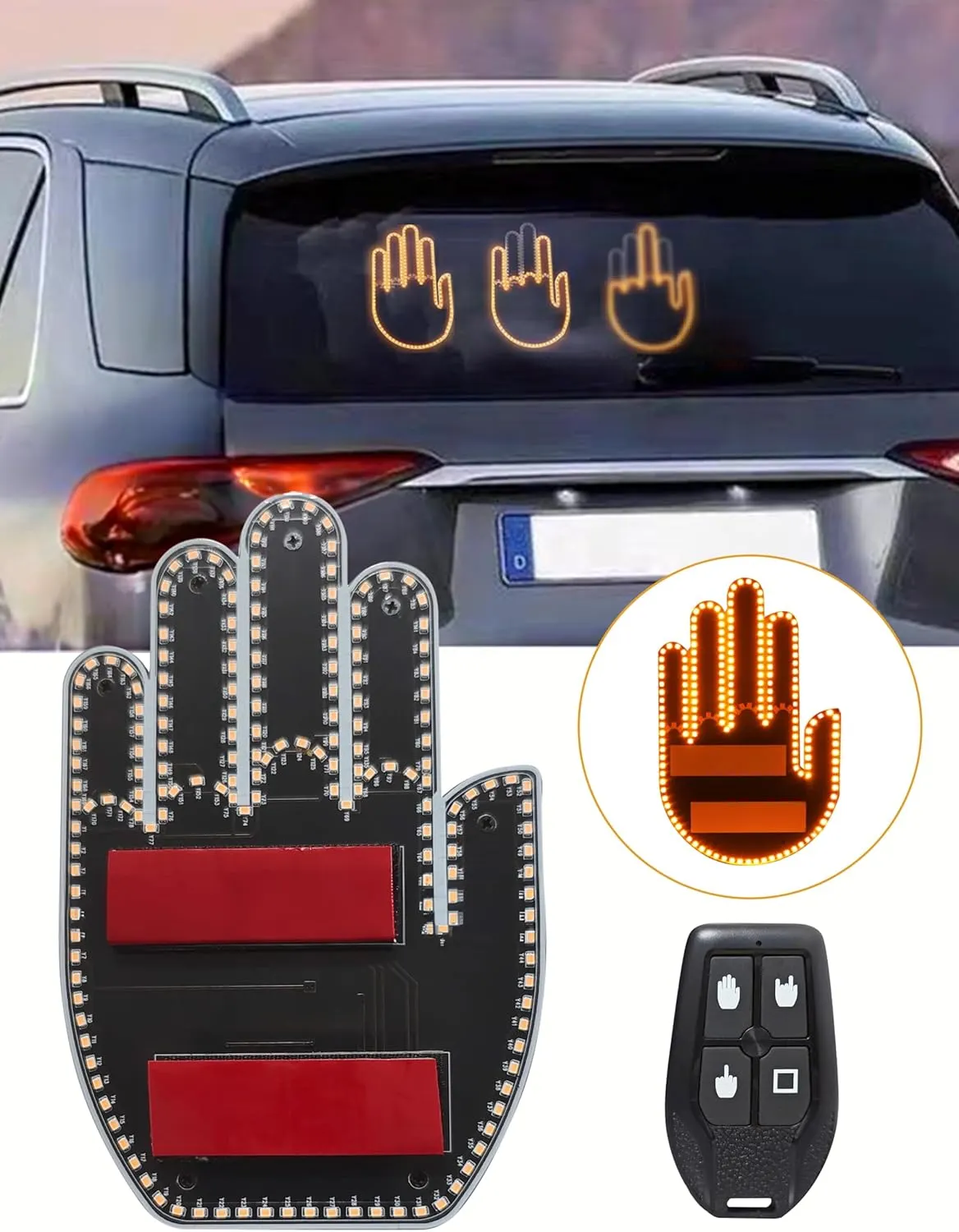 🤟🔥Car Finger Light with Remote, Hand Gesture Amber LED Light - 14 Modes for Road Rage Warning Signs Ideal Car Accessory