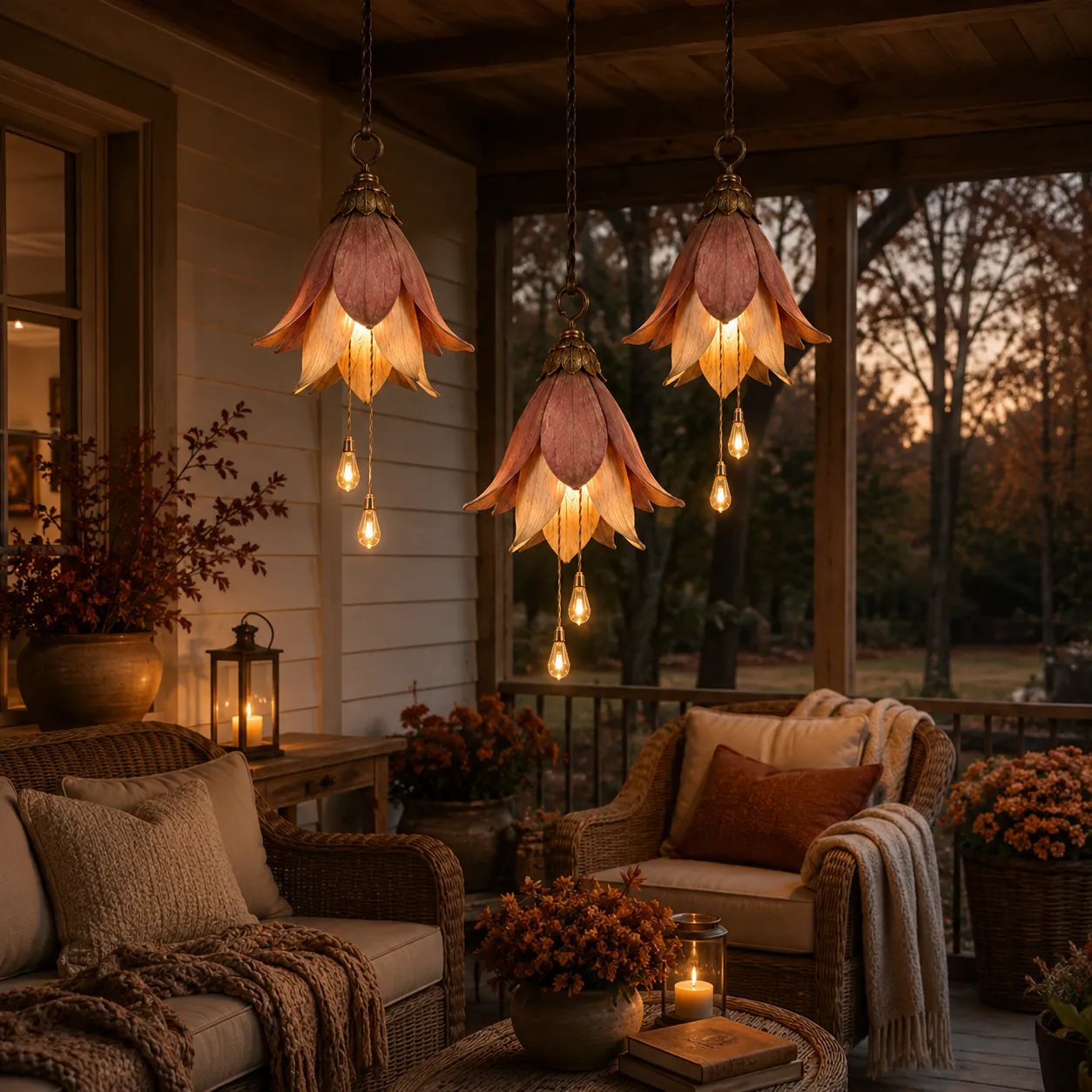 Vintage flower hanging lamps on a cozy covered porch