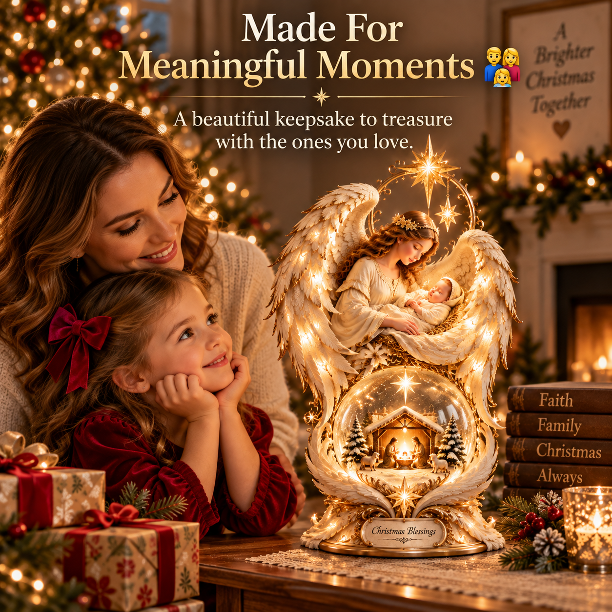 Detailed angel-wing Nativity tabletop decoration with gold accents and cascading stars