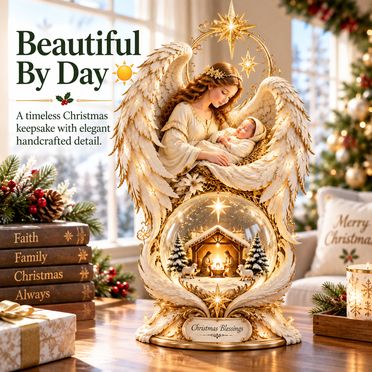Close view of the Bethlehem star and illuminated Nativity centerpiece
