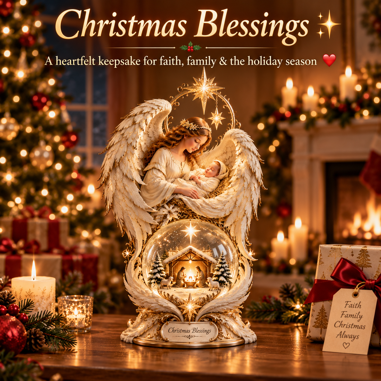 Heavenly Noel Nativity tabletop décor glowing in a peaceful Christmas room
