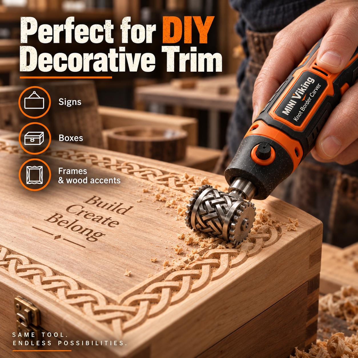 MINI Viking border carver used to decorate wooden keepsake box trim frame and sign edges