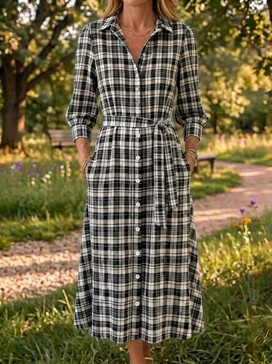 New Arrivals🔥 Women's Retro Open Front Collar Stripe Print Cotton Linen Dress