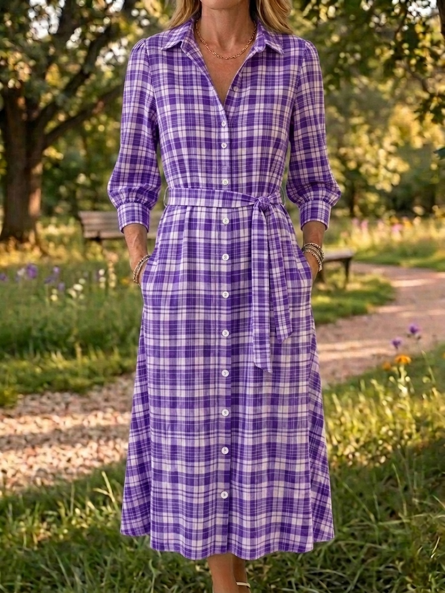 New Arrivals🔥 Women's Retro Open Front Collar Stripe Print Cotton Linen Dress