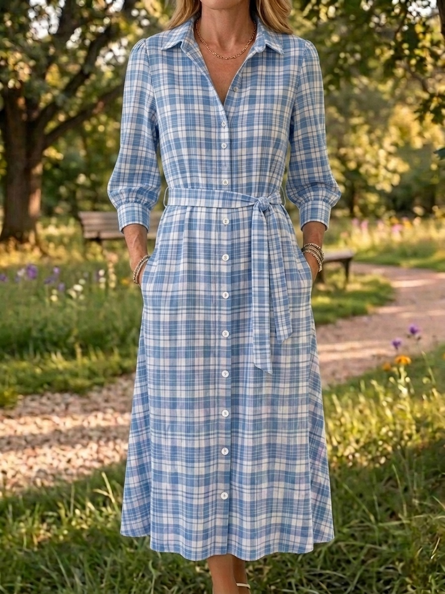 New Arrivals🔥 Women's Retro Open Front Collar Stripe Print Cotton Linen Dress