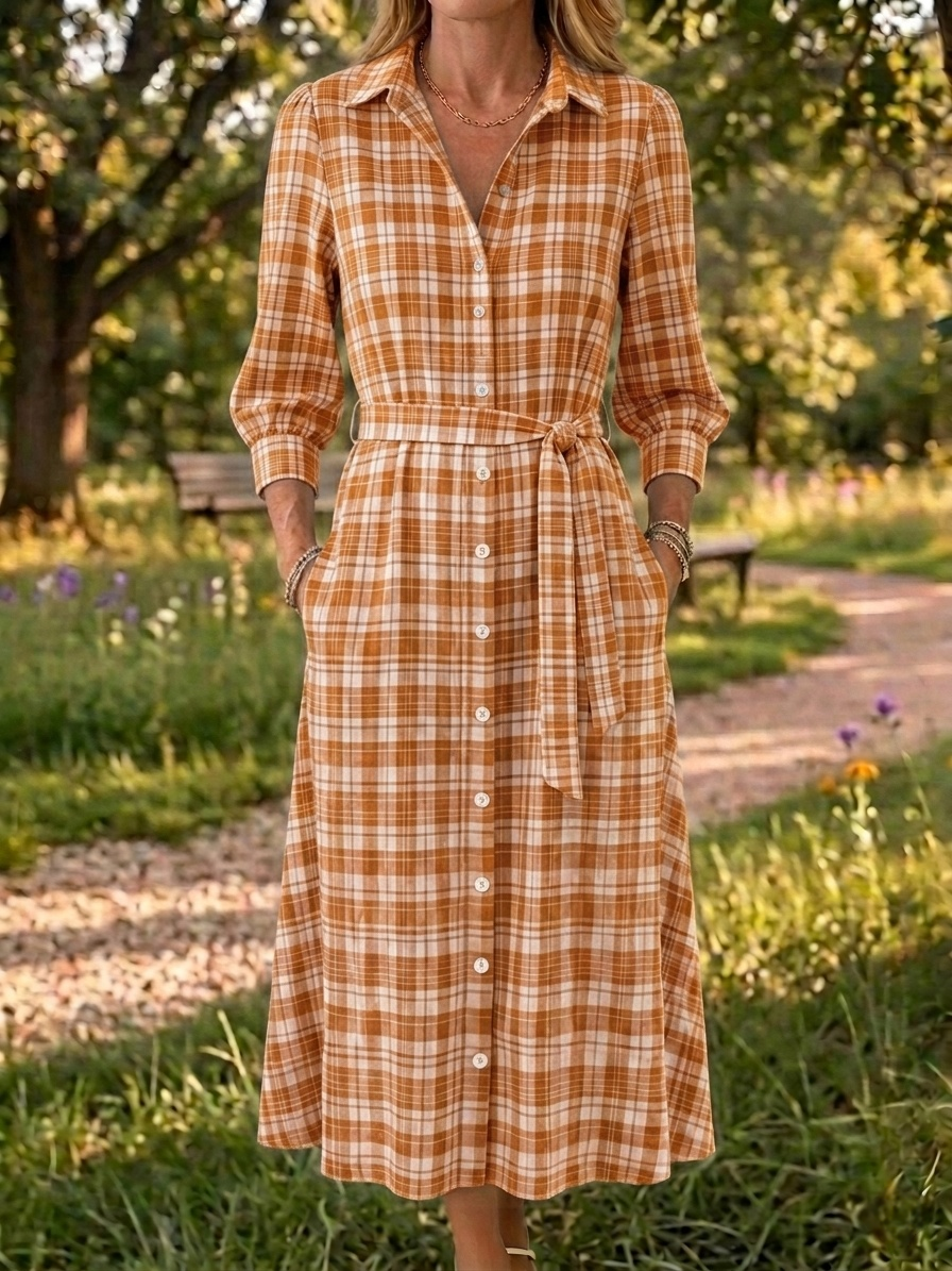 New Arrivals🔥 Women's Retro Open Front Collar Stripe Print Cotton Linen Dress