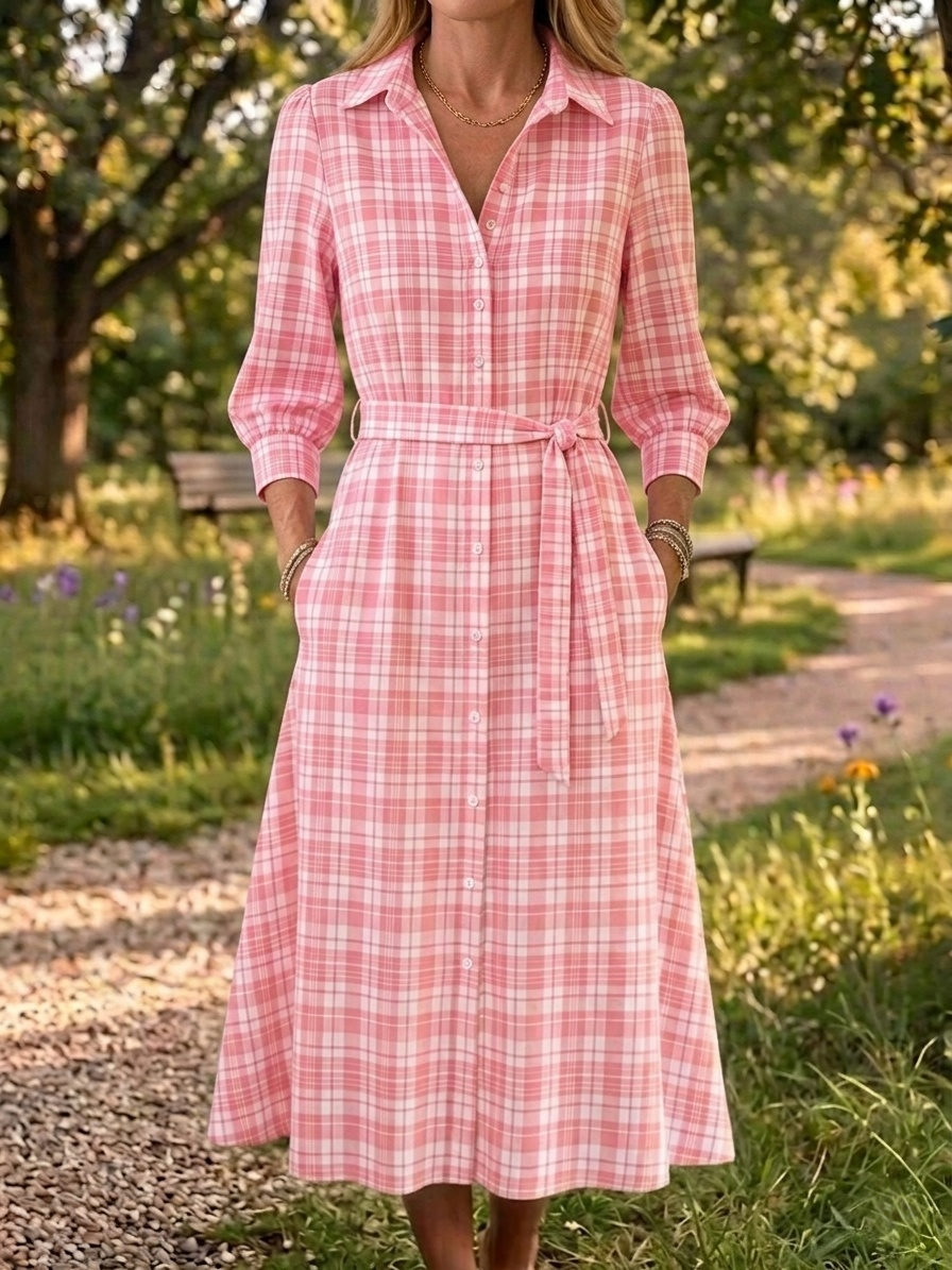 New Arrivals🔥 Women's Retro Open Front Collar Stripe Print Cotton Linen Dress