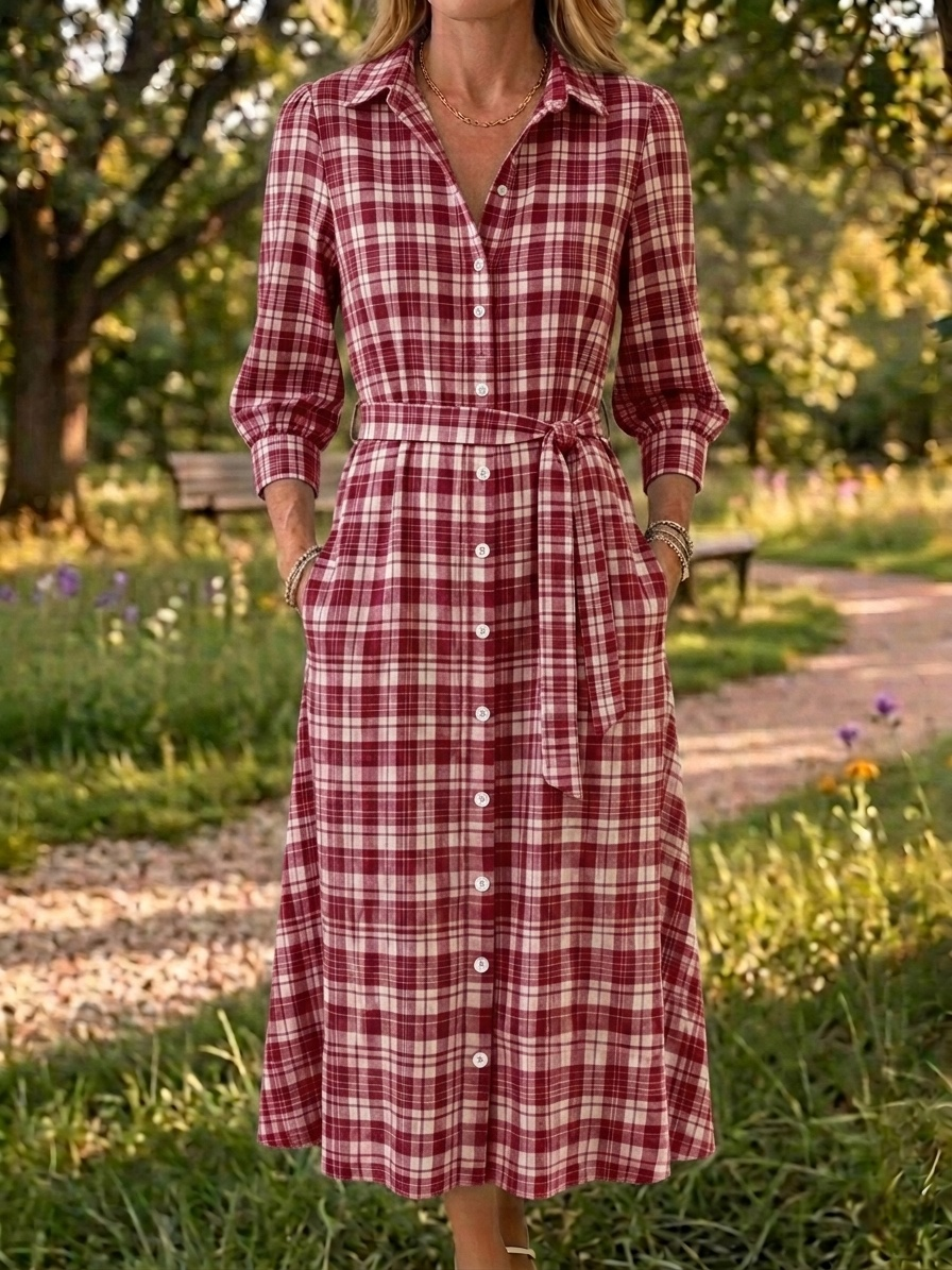 New Arrivals🔥 Women's Retro Open Front Collar Stripe Print Cotton Linen Dress