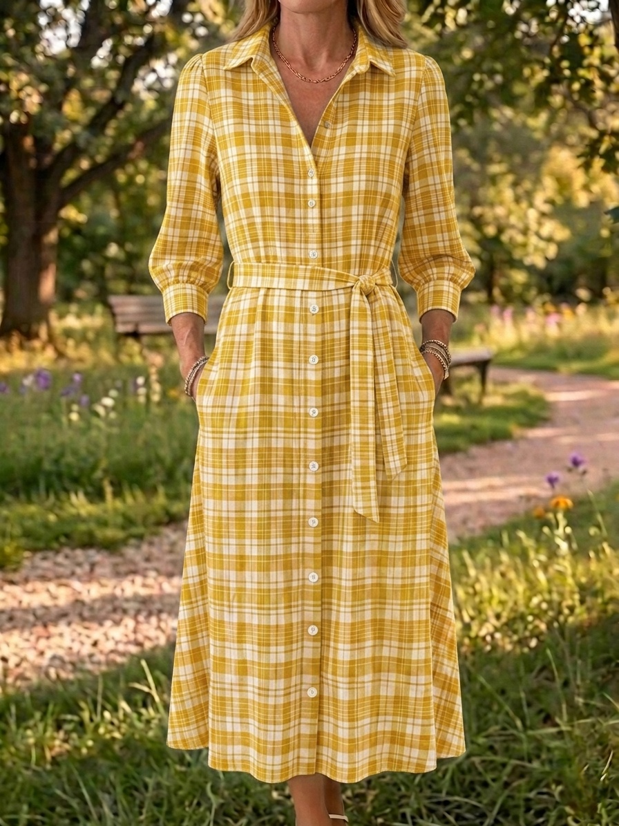 New Arrivals🔥 Women's Retro Open Front Collar Stripe Print Cotton Linen Dress