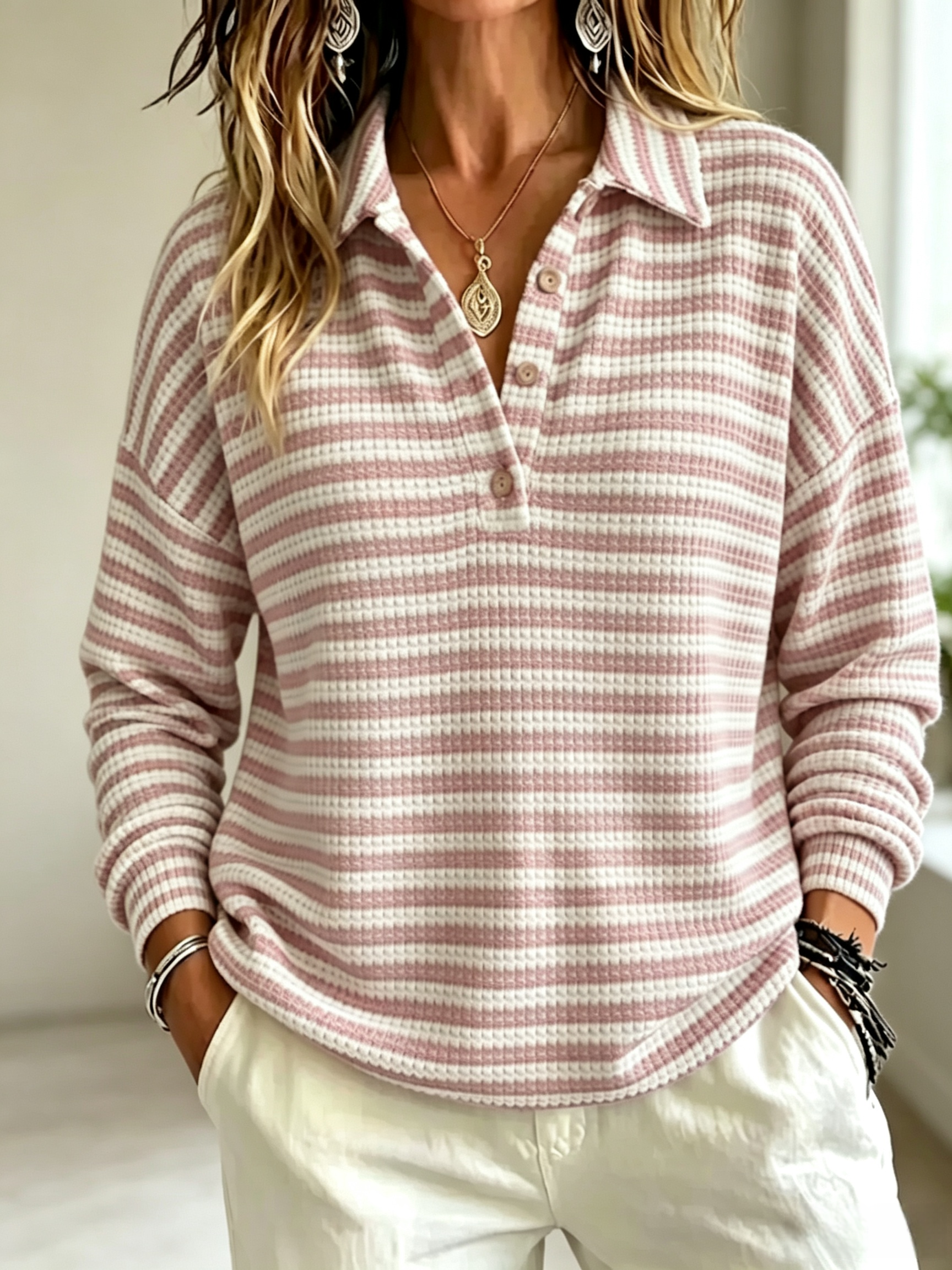 New Arrival 🔥Women'S Fashion Striped Waffle Long-Sleeved Polo Shirt