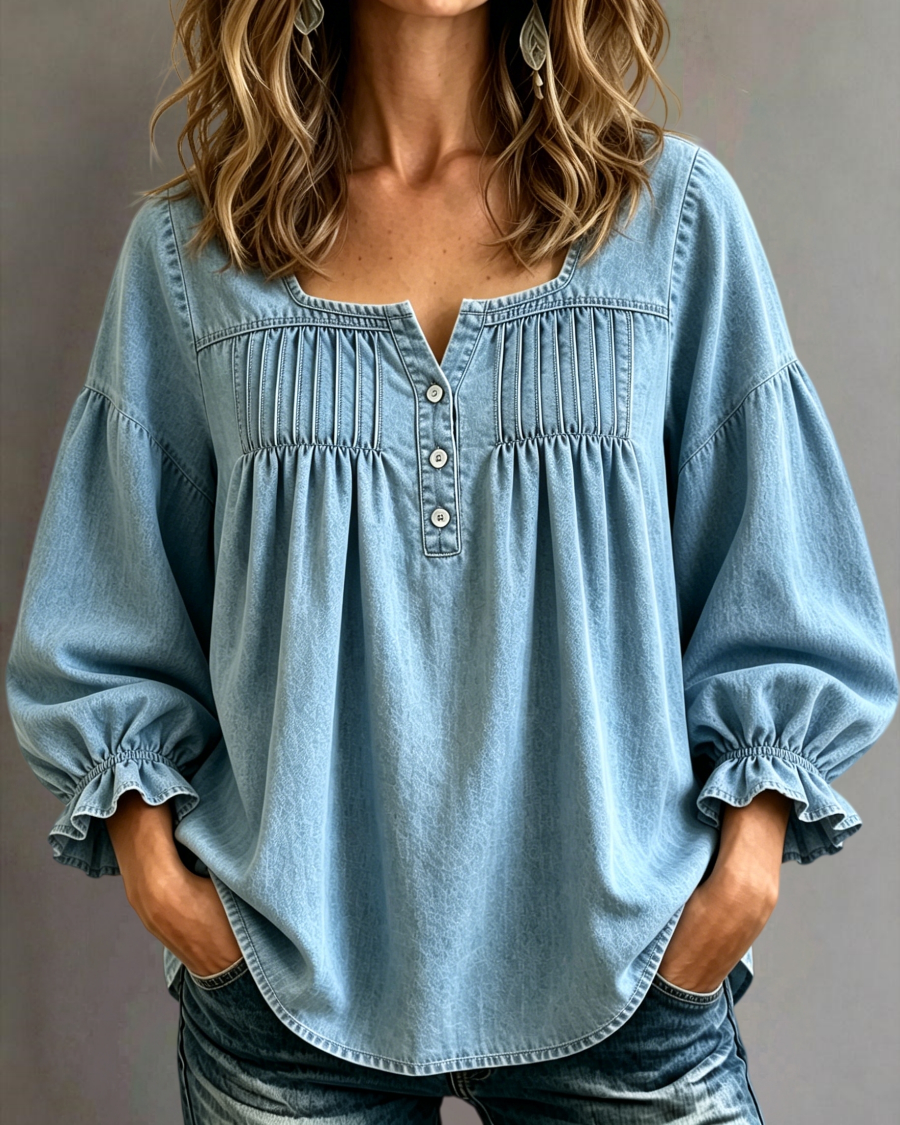 CLEARANCE🔥 Women's Denim Ruched Square Neck Three-Quarter Sleeve Top